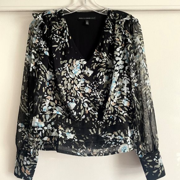 WHBM Floral Metallic Sheer Print Blouse Sz 2 Balloon Sleeve V Lined Black/Blue - Picture 7 of 16